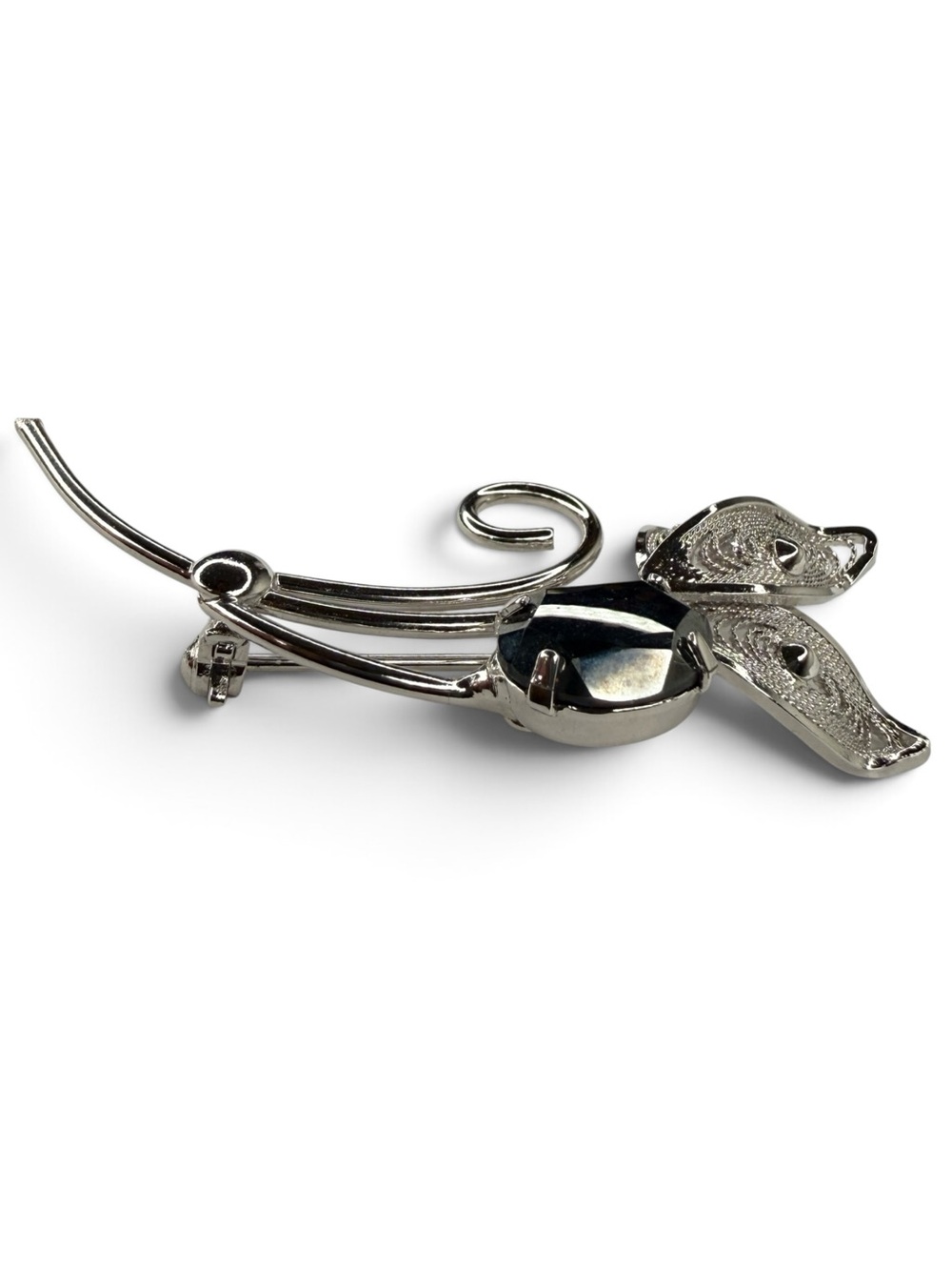 Vintage Sterling Silver Filigree Brooch With Czech Black Glass - Picture 9 of 13